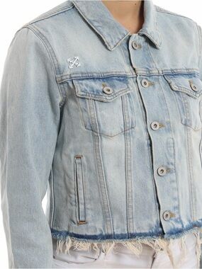 Off-White Light Wash Blue Distressed Denim Jacket